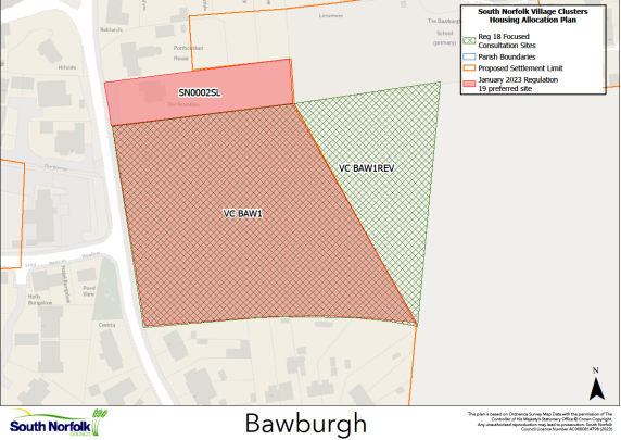 Site map demonstrating location and boundaries of the VC BAW1 REV site in Bawburgh.