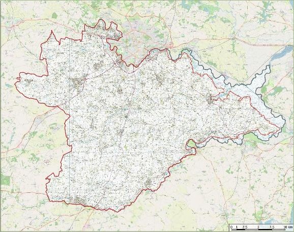 Map showing the South Norfolk District, with the study area highlighted in red. The map excludes the portions of the district that are part of the Broads Authority Area, which are clearly marked and not included in the red highlighted region.