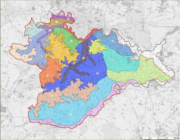 Map of South Norfolk District showing different Landscape Character Areas. Each area is filled with a different colour and labelled with a specific code to identify the landscape type. The map provides a visual overview of the district’s diverse landscape character zones.