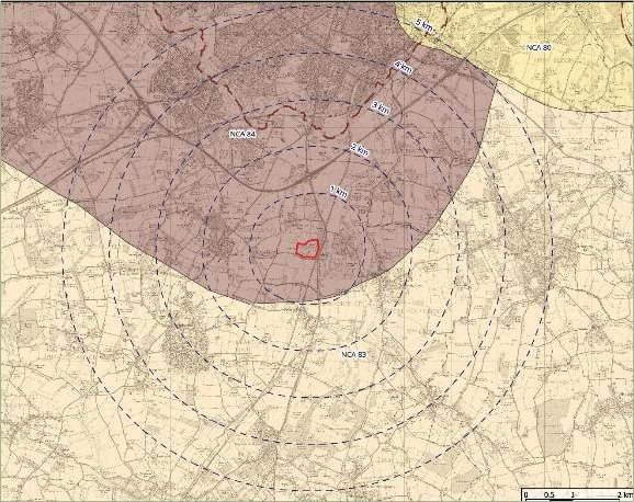 Map showing the area within 5km of the Norwich Main substation, which is marked in red. The surrounding National Character Areas are colour-coded to indicate different landscape types. Each area represents a distinct NCA classification.