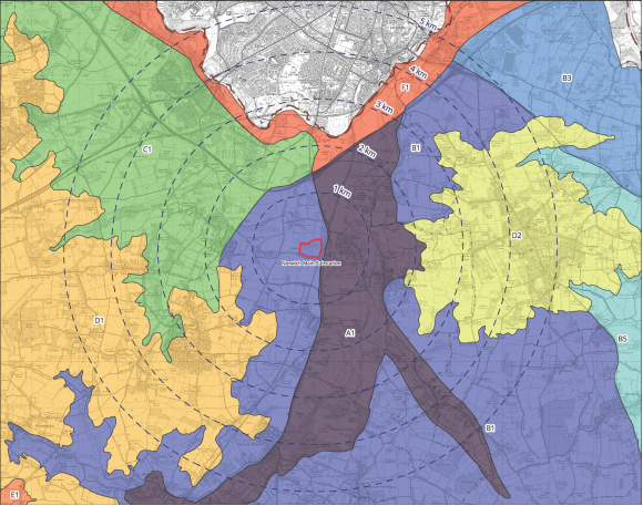 Map showing the District Landscape Character Areas within 5km of the Norwich Main substation, which is marked in red. Each landscape area is colour-coded and labelled to indicate its classification. The map provides a visual overview of the local landscape context surrounding the substation.