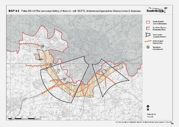 Map extract from the South Norfolk Development Management Policies Document (Adopted October 2015), showing the Norwich Southern Bypass Protection Zone (NSBPZ). Viewing cones are marked with solid black lines, the protection zone with a hashed yellow line, gateways with black circles containing an 'X', and undeveloped approaches with yellow and pink dashed lines. The map supports Policy DM4.6 by identifying areas important for preserving Norwich’s landscape setting.